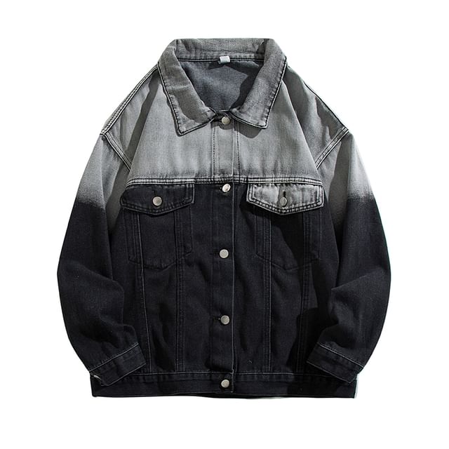 Yelmenor-Collar Gradient Washed Denim Button Jacket