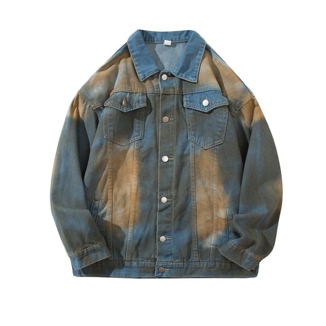 Yelmenor-Collar Gradient Washed Denim Button Jacket
