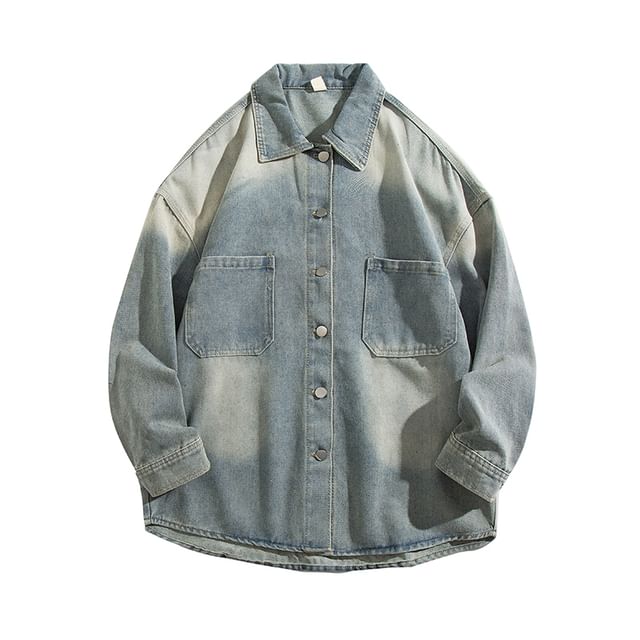 Yelmenor-Collar Pocket Detail Washed Denim Button Jacket