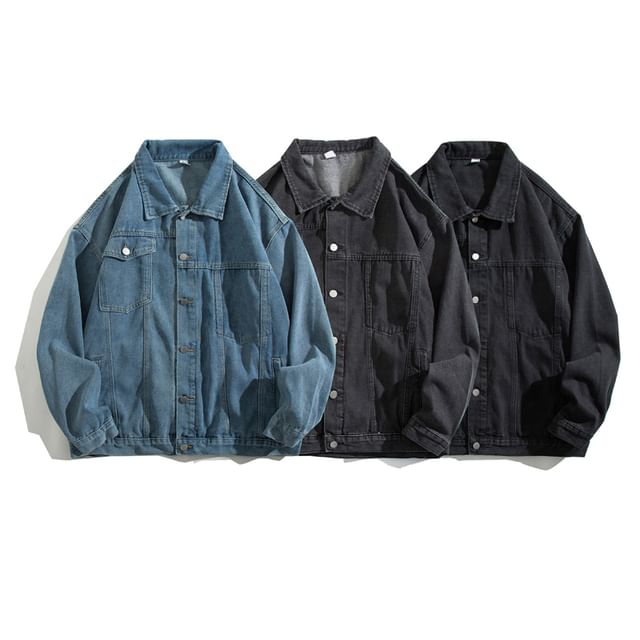Yelmenor-Collar Washed Denim Button Jacket