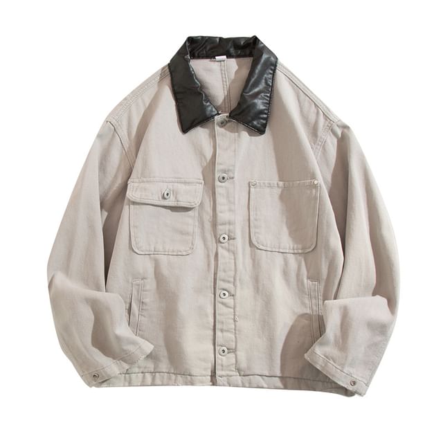 Yelmenor-Contrast Faux Leather Collar Denim Button Jacket
