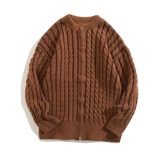 Yelmenor-Crew Neck Plain Cable Knit Zip Cardigan