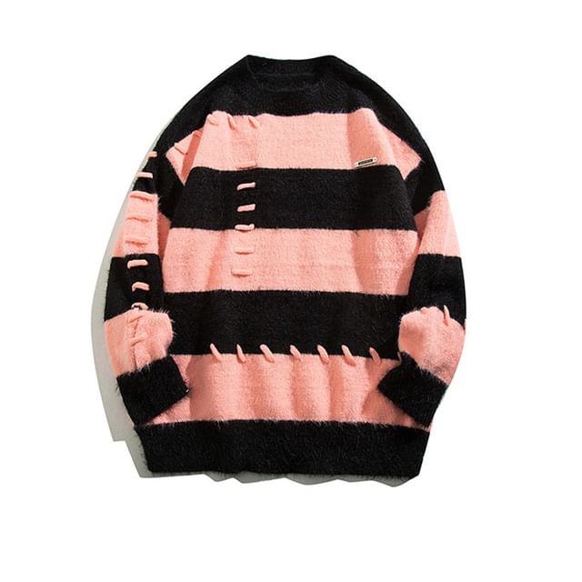Yelmenor-Crew Neck Striped Fluffy Sweater