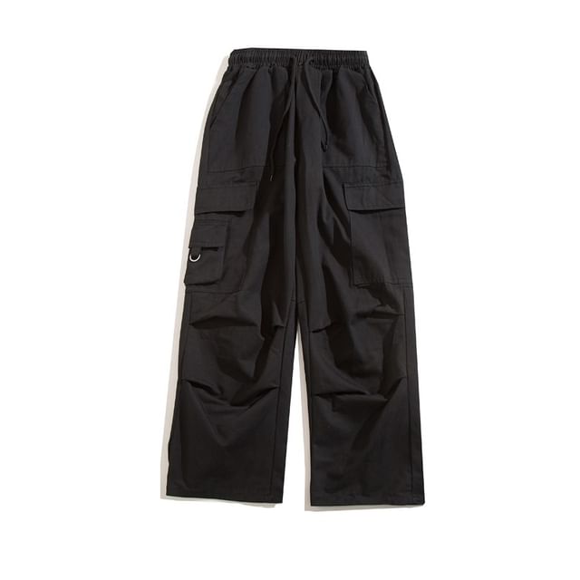 Yelmenor-Drawstring Waist Plain Loose Fit Cargo Pants