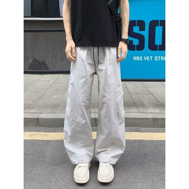 Yelmenor-Drawstring Waist Plain Loose Fit Pants
