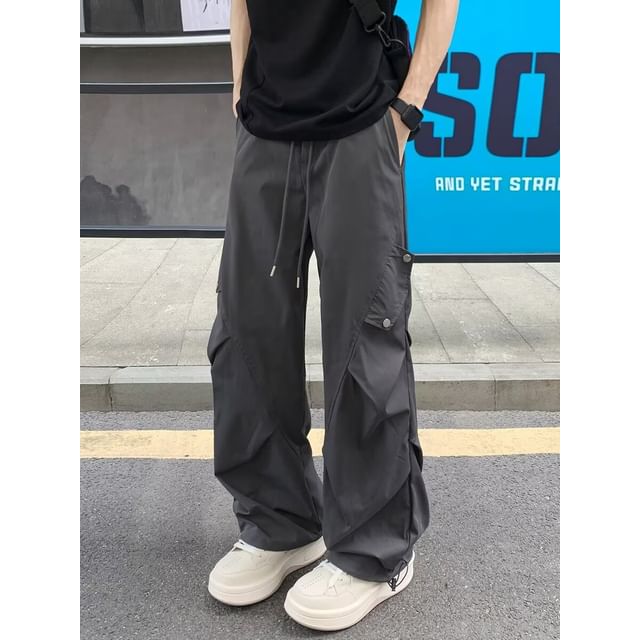 Yelmenor-Drawstring Waist Plain Ruched Straight Leg Pants