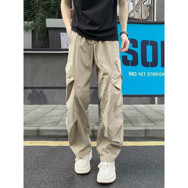 Yelmenor-Drawstring Waist Plain Ruched Straight Leg Pants