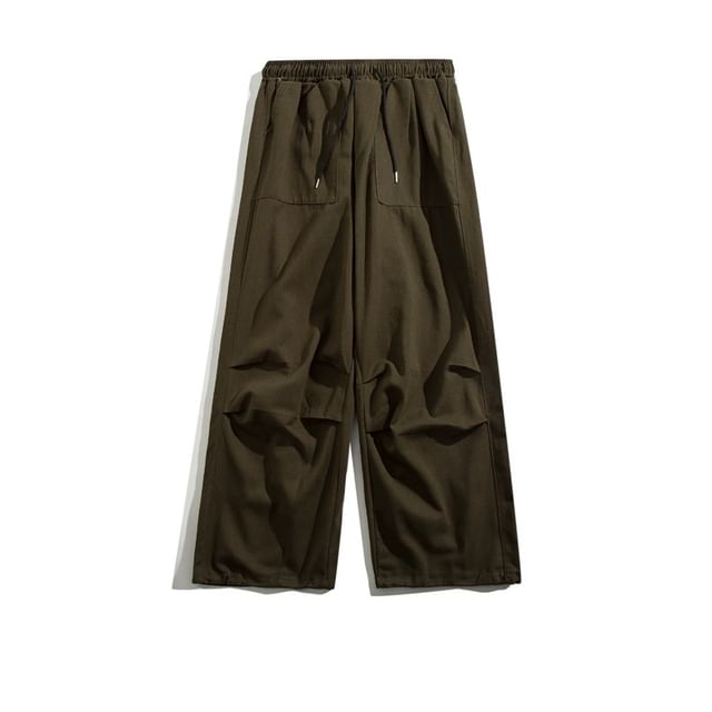 Yelmenor-Drawstring Waist Plain Ruched Wide Leg Pants