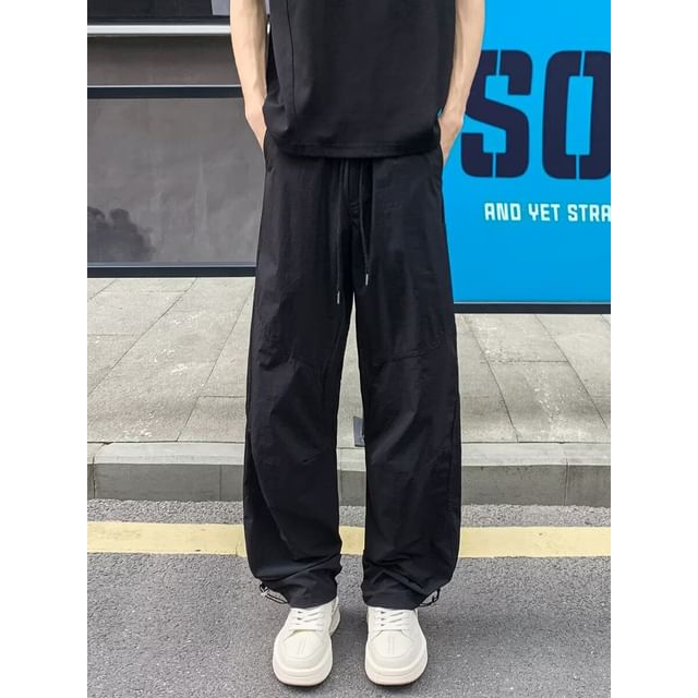 Yelmenor-Drawstring Waist Plain Straight Leg Pants