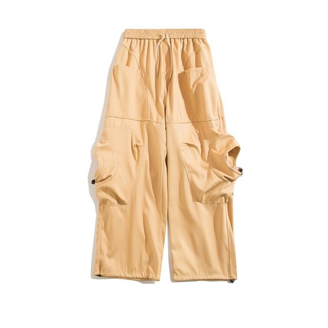 Yelmenor-Drawstring Waist Plain Wide Leg Cargo Pants