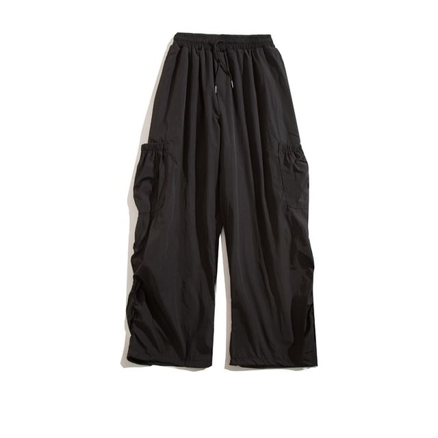 Yelmenor-Drawstring Waist Plain Wide Leg Cargo Pants