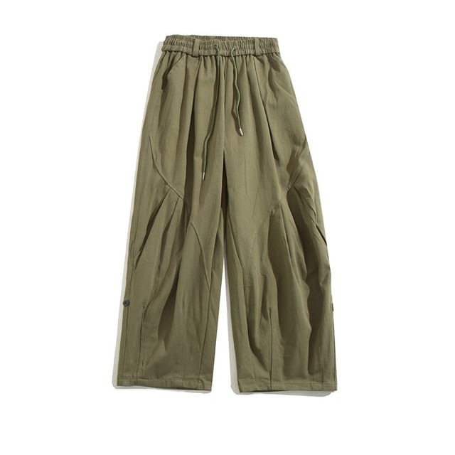 Yelmenor-Drawstring Waist Plain Wide Leg Pants