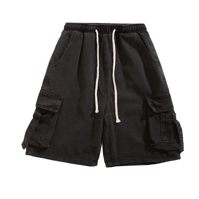 Yelmenor-Drawstring Waist Washed Denim Cargo Shorts