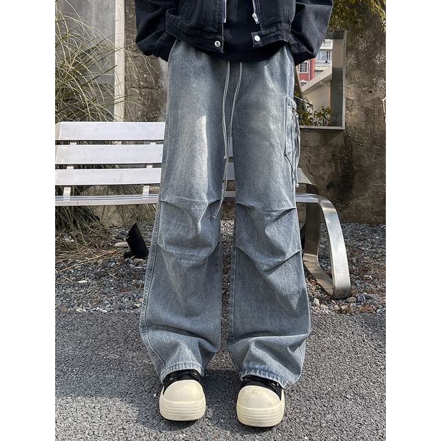 Yelmenor-Drawstring Waist Washed Flared Cargo Jeans