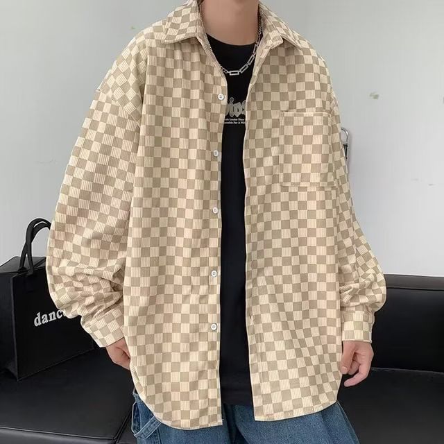 Yelmenor-Long-Sleeve Collared Drop Shoulder Checker Button Up Shirt