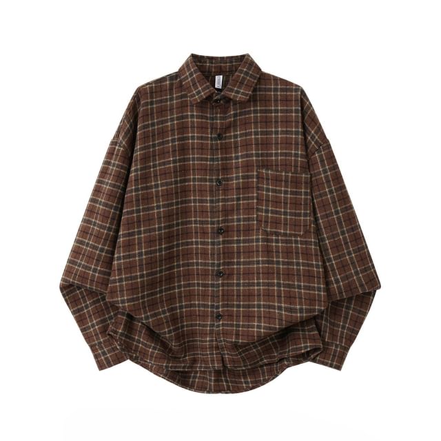 Yelmenor-Long-Sleeve Collared Drop Shoulder Plaid Button Up Shirt