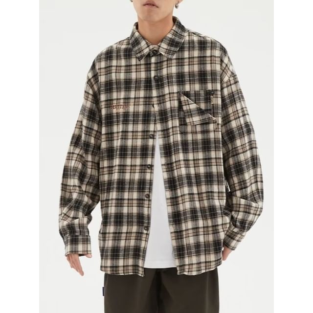 Yelmenor-Long-Sleeve Collared Drop Shoulder Plaid Button Up Shirt