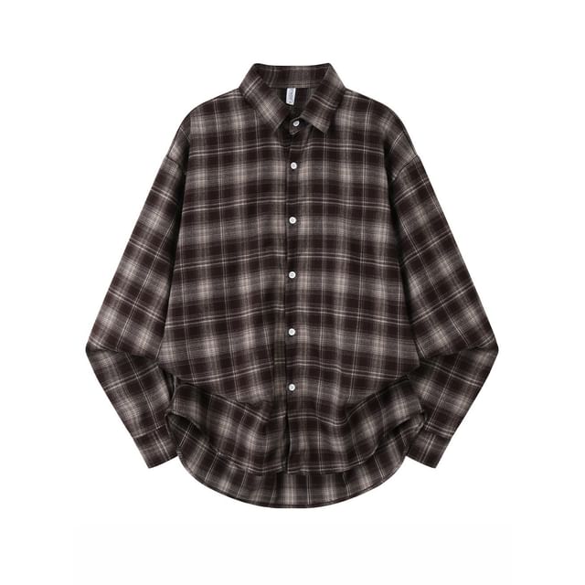 Yelmenor-Long-Sleeve Collared Drop Shoulder Plaid Button Up Shirt