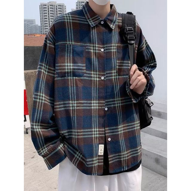 Yelmenor-Long-Sleeve Collared Plaid Button Up Shirt