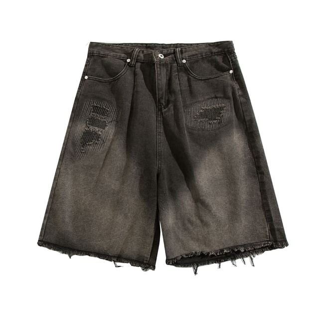 Yelmenor-Mid Rise Washed Distressed Denim Shorts