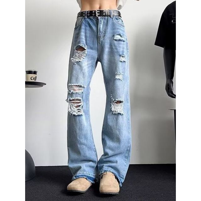 Yelmenor-Mid Rise Washed Distressed Flared Jeans