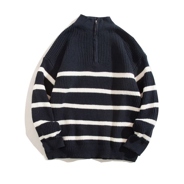 Yelmenor-Mock Neck Striped Ribbed Half-Zip Sweater