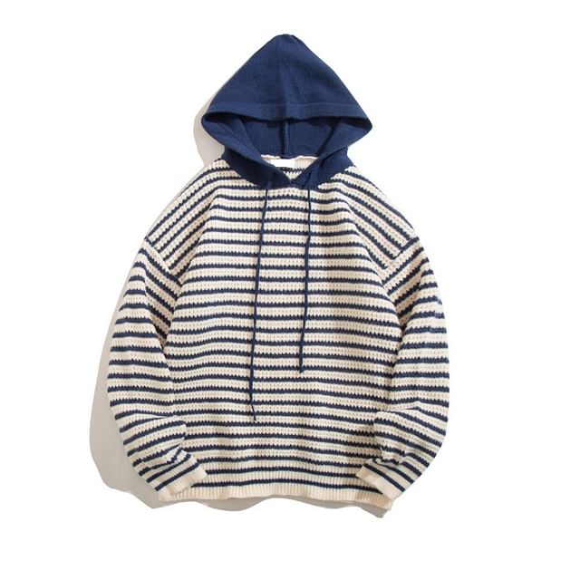 Yelmenor-Mock Two-Piece Striped Drawstring Hooded Sweater