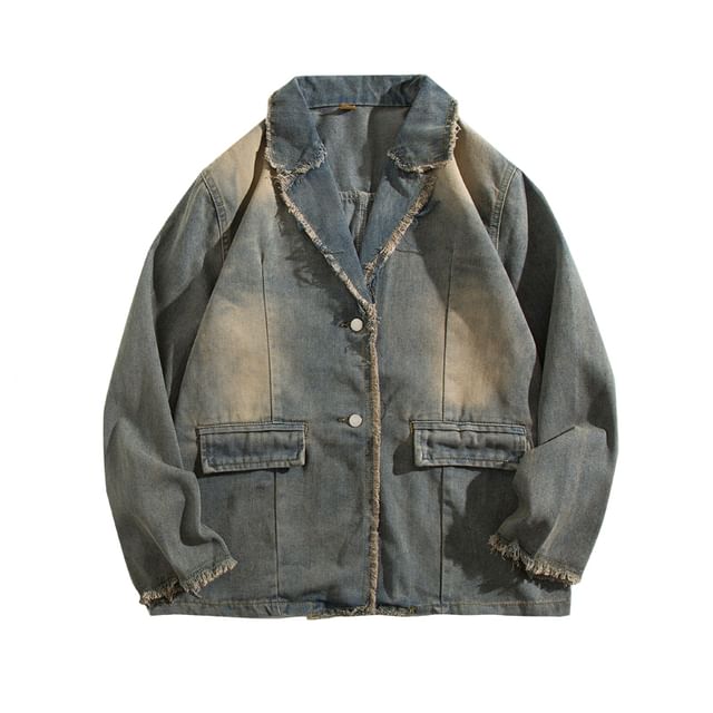 Yelmenor-Notch Lapel Fringed Washed Denim Button Jacket