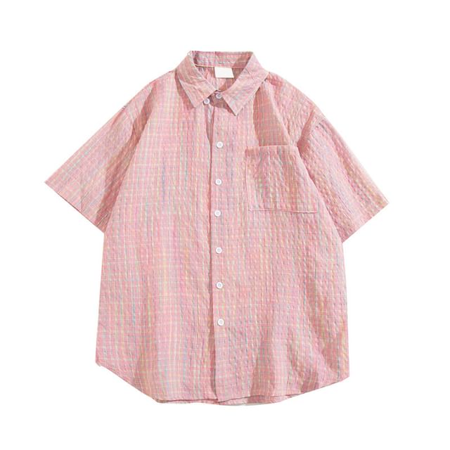 Yelmenor-Short-Sleeve Plaid Button-Up Shirt
