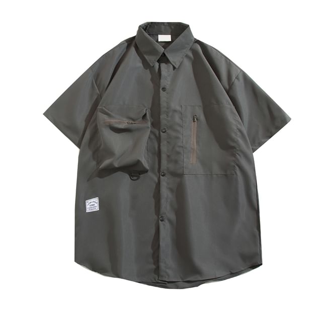 Yelmenor-Short-Sleeve Plain Button-Up Shirt