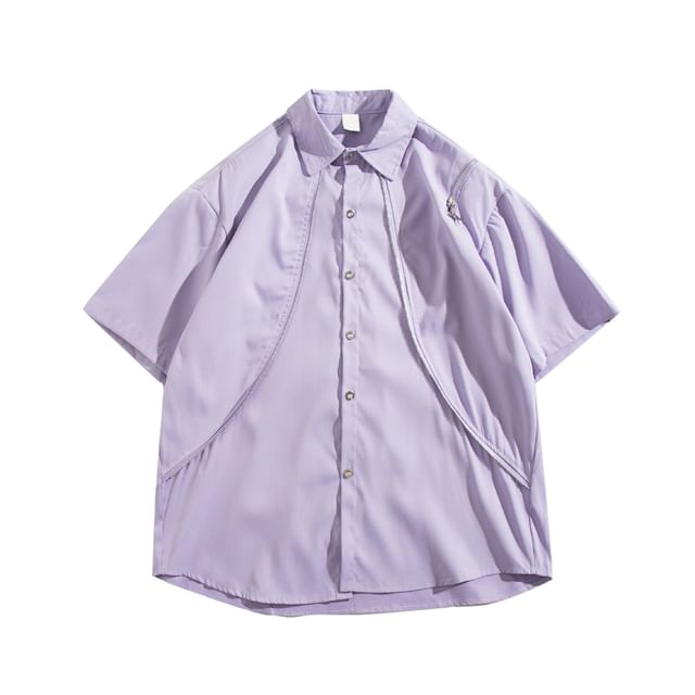 Yelmenor-Short-Sleeve Plain Button-Up Shirt
