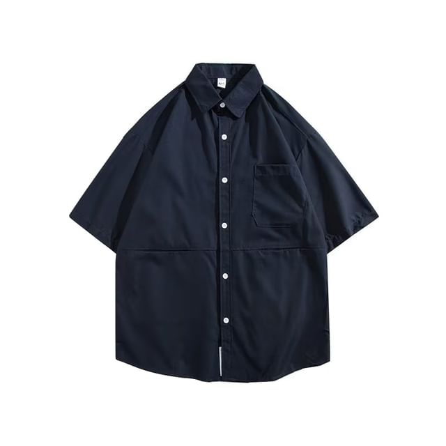 Yelmenor-Short-Sleeve Plain Button-Up Shirt