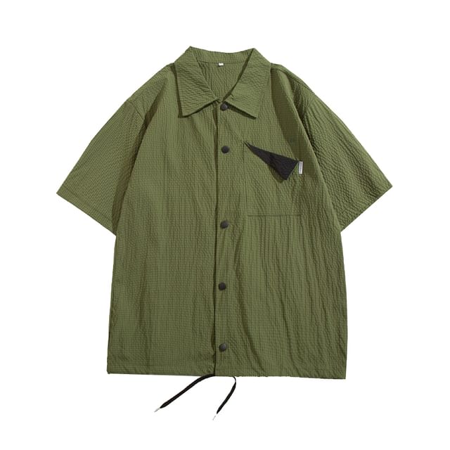 Yelmenor-Short-Sleeve Plain Shirred Drawstring Button-Up Shirt