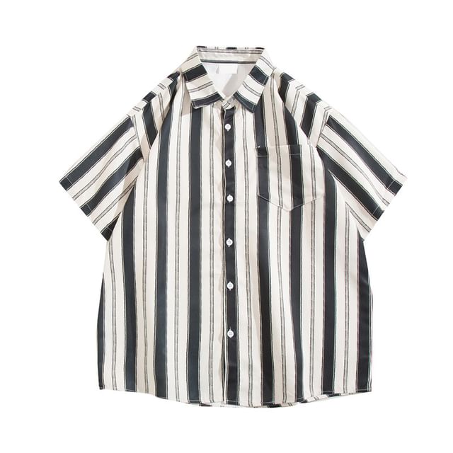 Yelmenor-Short-Sleeve Striped Button-Up Shirt