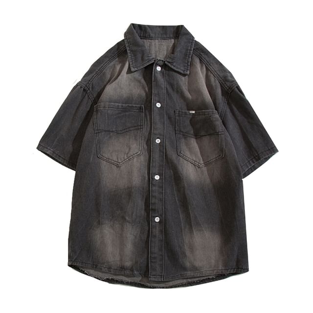 Yelmenor-Short-Sleeve Washed Button-Up Denim Shirt