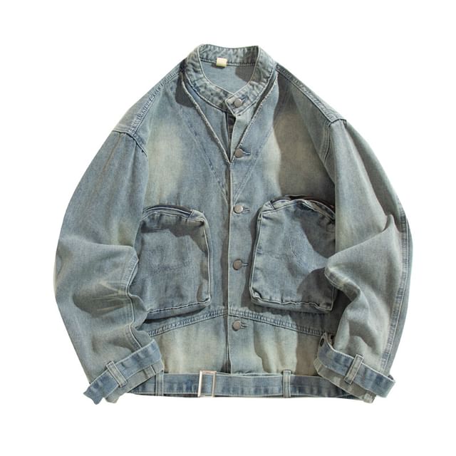 Yelmenor-Stand Collar Buckled Washed Denim Button Jacket