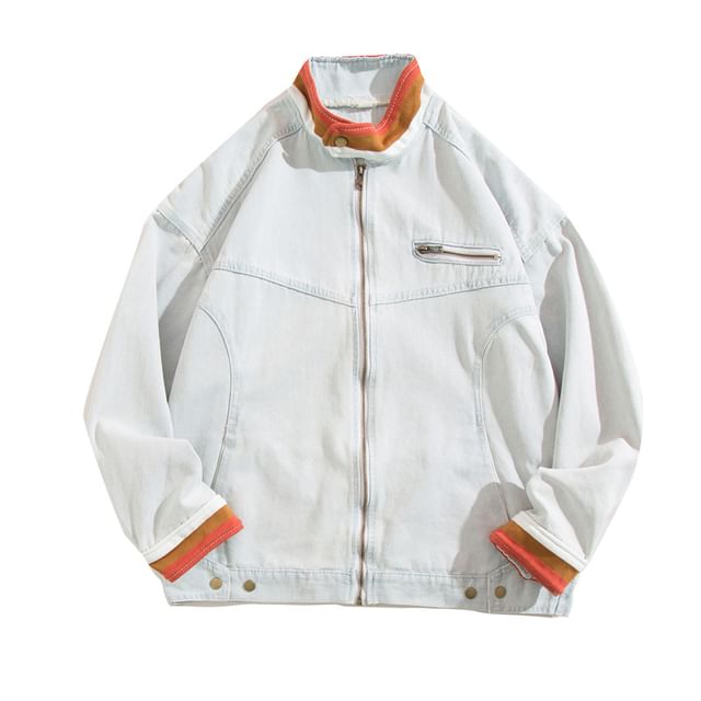 Yelmenor-Stand Collar Contrast Trim Denim Zip Jacket
