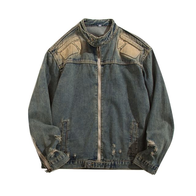 Yelmenor-Stand Collar Distressed Washed Denim Zip Jacket