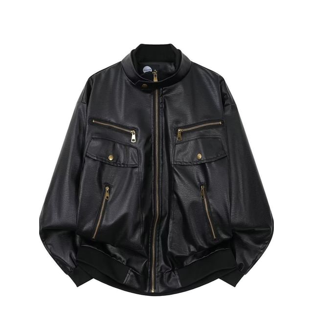 Yelmenor-Stand Collar Faux Leather Plain Zip Jacket
