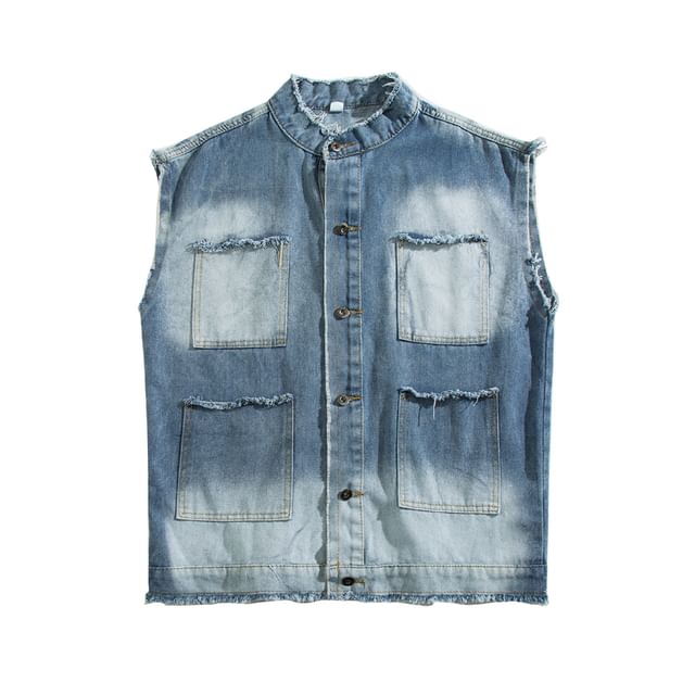 Yelmenor-Stand Collar Frayed Washed Denim Button Vest