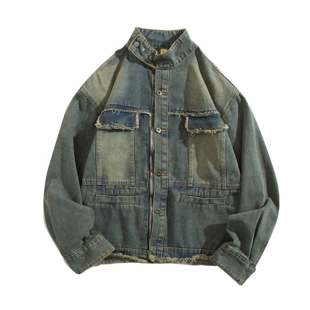 Yelmenor-Stand Collar Frayed Washed Denim Zip Jacket