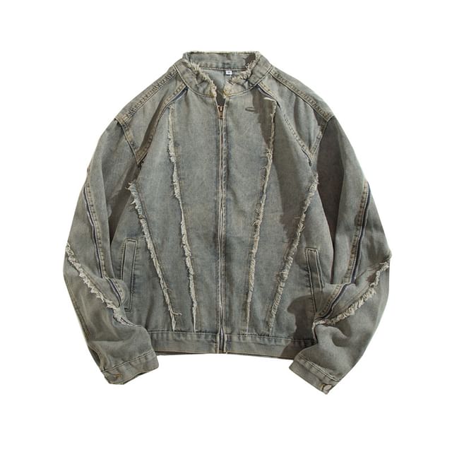 Yelmenor-Stand Collar Fringed Washed Denim Zip Jacket