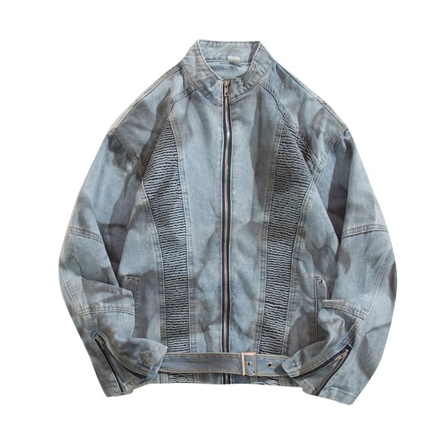 Yelmenor-Stand Collar Paneled Buckled Denim Zip Jacket