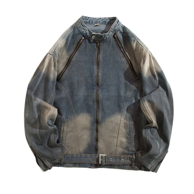 Yelmenor-Stand Collar Paneled Buckled Washed Denim Zip Jacket
