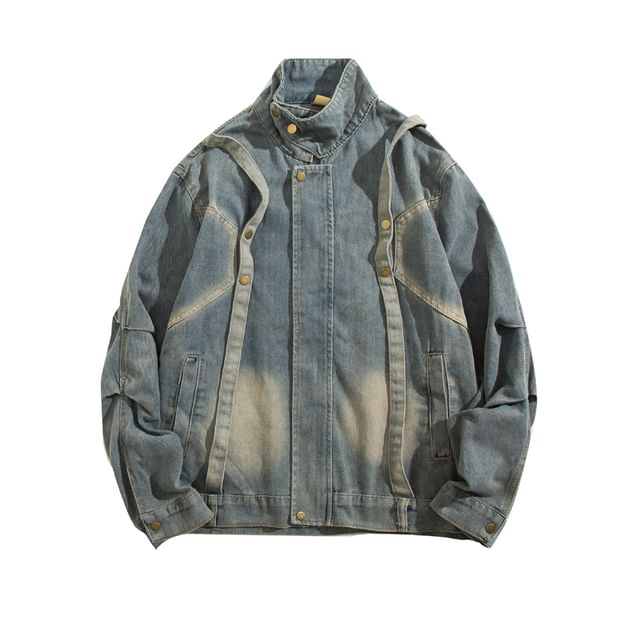 Yelmenor-Stand Collar Paneled Washed Denim Zip Jacket