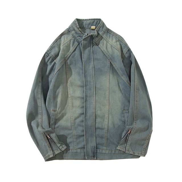 Yelmenor-Stand Collar Paneled Washed Denim Zip Jacket