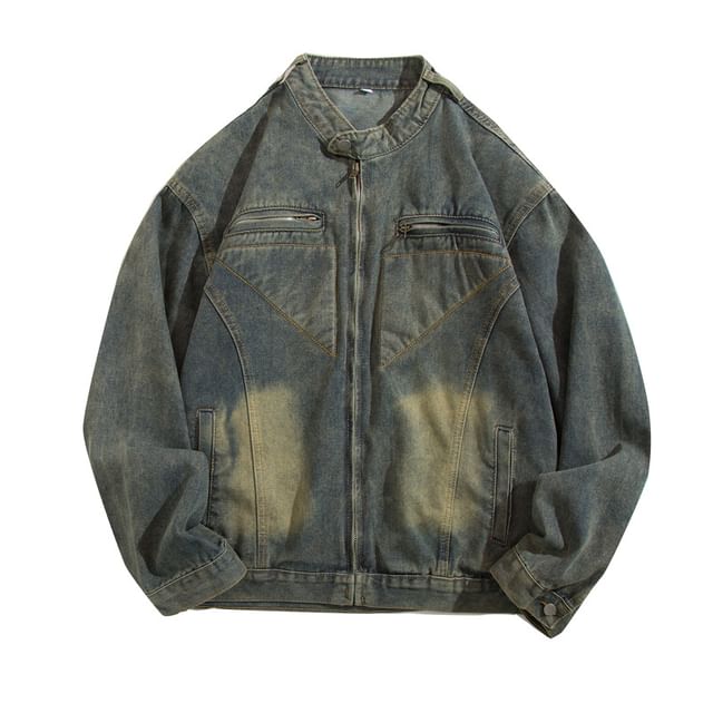 Yelmenor-Stand Collar Paneled Washed Denim Zip Jacket