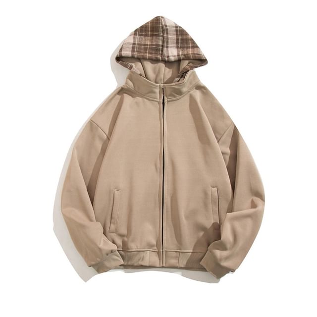 Yelmenor-Stand Collar Plaid Panel Zip Hoodie