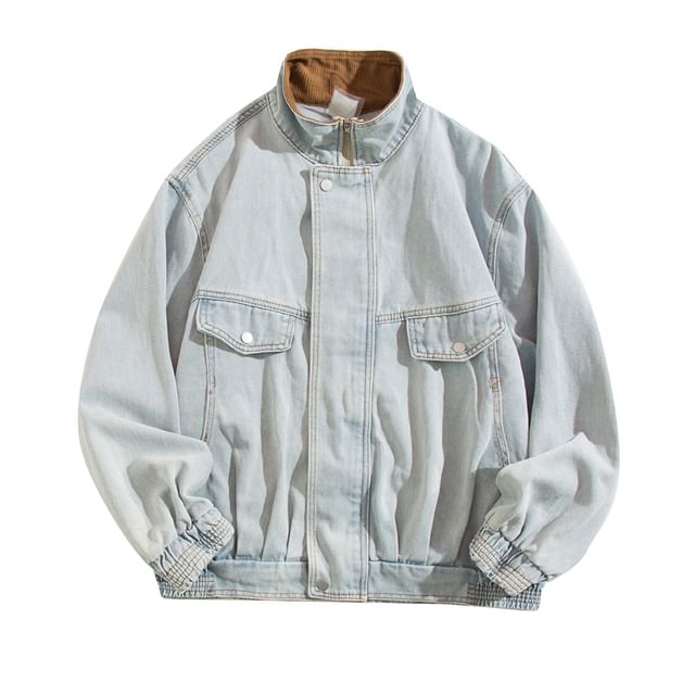 Yelmenor-Stand Collar Washed Denim Zip Jacket