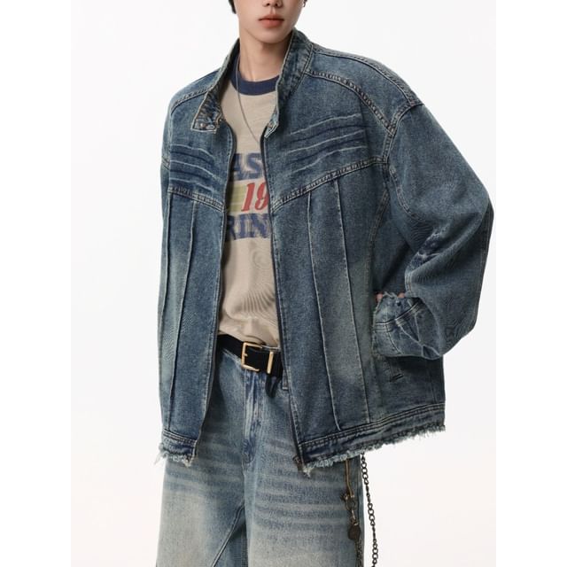 Yelmenor-Stand Collar Washed Denim Zip Jacket